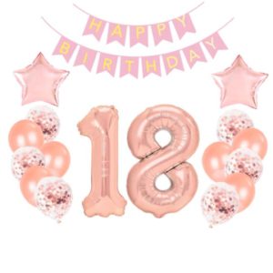 Zestaw balonów z helem, Na 18 (osiemnaste) urodziny, różowo złoty, 16 szt. plus baner
