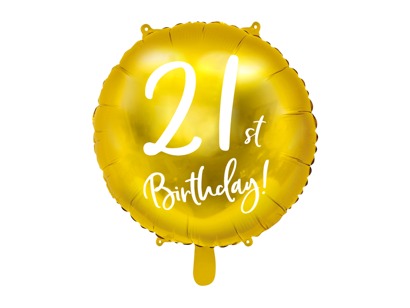 Balon foliowy z helem "21st Birthday", złoty, 45 cm (18 cali)