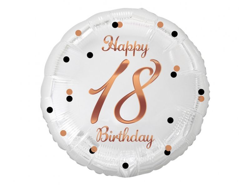Balon foliowy z helem "B&C Happy 18 Birthday", biały, nadruk różowo-złoty, 45 cm (18 cali)
