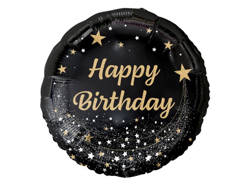 Balon foliowy z helem "B&C Happy Birthday", czarny, nadruk złoty, 45 cm (18 cali)