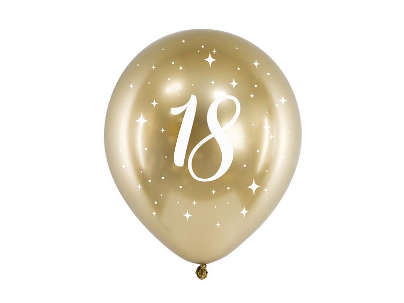 Zestaw balonów złotych "Glossy" z helem na urodziny z cyfrą "18", 12 cali, 6 szt.