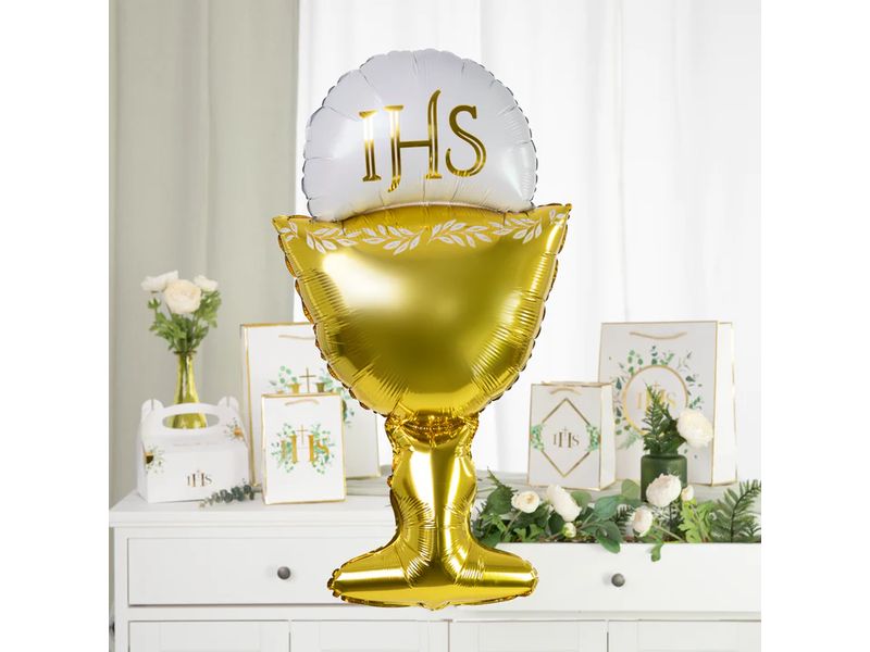 Balon foliowy z helem, Komunia Święta - Kielich z hostią, złoto biały, 45 cm - obrazek 2